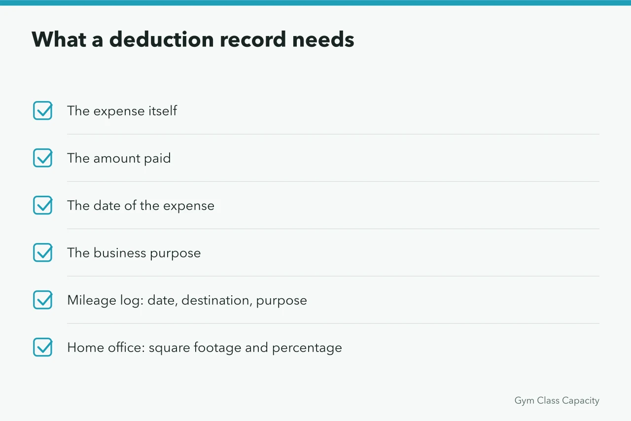 Checklist of details every deductible studio expense record must show (3 IRS-ready bookkeeping tasks for US fitness studios)