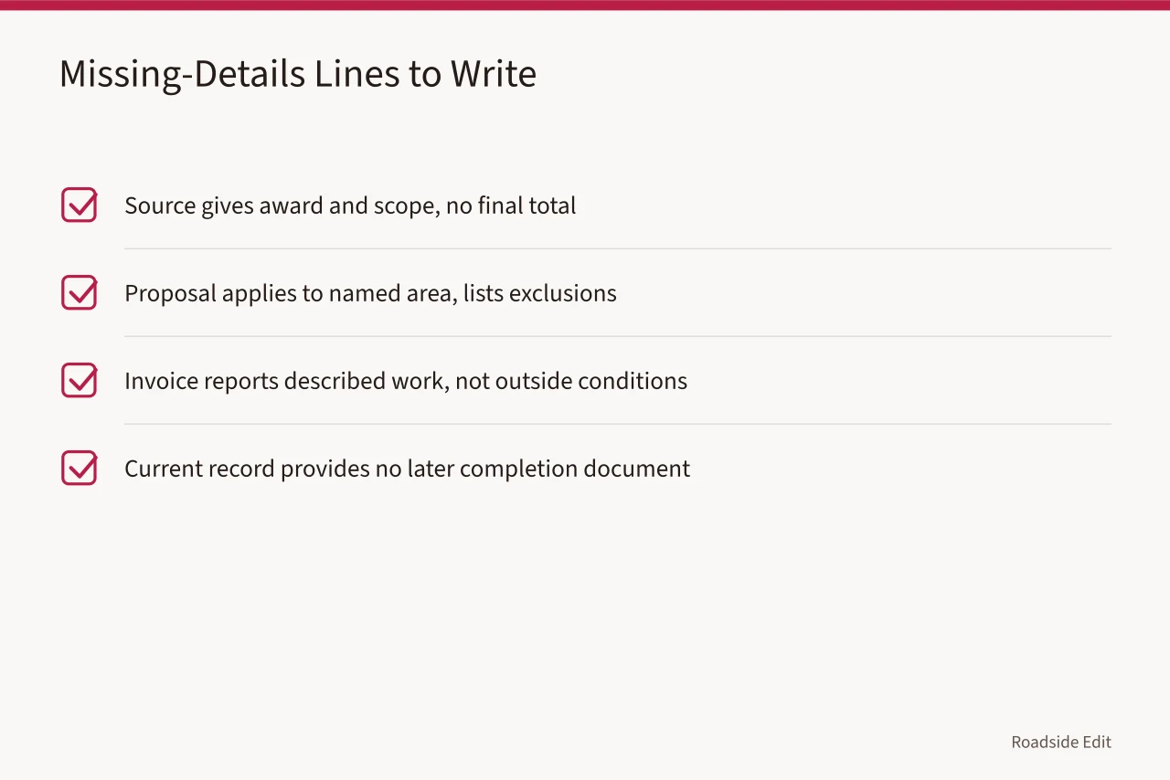 Checklist of four missing-details lines for cost notes (How to write roadside building cost budget notes that separate scope from status)