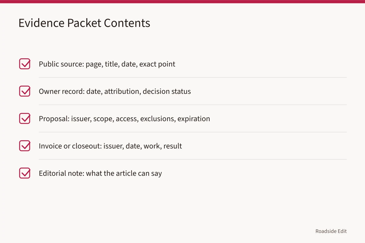 Checklist of five evidence items to keep with a cost record (How to write roadside building cost budget notes that separate scope from status)